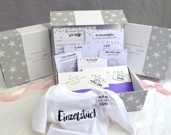 Geschenk zur Geburt und Schwangerschaft, Babybox Mädchen gefüllt mit Karten für gute Wünsche und Ratschläge, Meilensteine, Checklisten,...