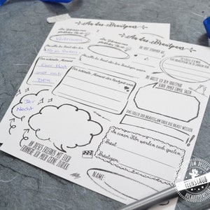 May include: A printable wedding game for the bride and groom. The game is titled "To the Bride and Groom" and includes questions about the couple's relationship. The game is printed on white paper with black ink.