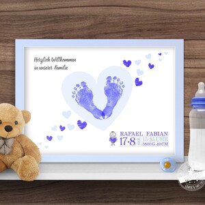 Regalo nascita, quadretto impronta bambino con date di nascita, stampa cuore nascita, stampa impronta neonato, tema natale personalizzato