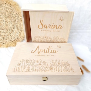 Holzkiste Geburtstag graviert | personalisierte Holzbox mit Deckel | Geschenkbox zum Geburtstag mit Gravur | Geburtstagsbox aus Holz | Wiese