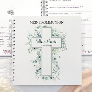 Gästebuch zur Kommunion | Firmung, Konfirmation | Fragen zum Ausfüllen für Gäste | personalisierbares Kommunionsgeschenk | Eukalyptus Kreuz