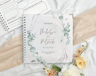 Gästebuch mit Fragen Hochzeit Eukalyptus | personalisiert mit Brautpaar Namen & Datum | Gästebuch zum Ausfüllen | Erinnerungsbuch Hochzeit