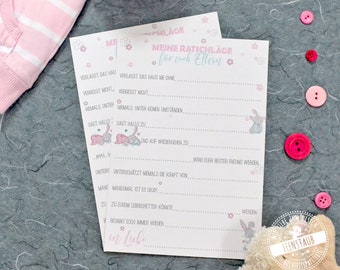 Babyparty, Baby Shower Gästebuch Karten Ratschläge zum Ausfüllen, Fragen an Gäste zur Erinnerung, witzig Gästebuchidee auf Babyparty Hase