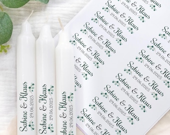 Kerzentattoos Hochzeit | personalisierte Kerzenfolie für Stabkerzen mit Namen |  | DIY Gastgeschenke Hochzeit | Eukalyptus Hochzeitsdeko
