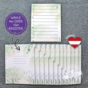 Dividers for A4 folders, colorful index sheets for wedding folders, index sets of 4 or 12 in a greenery design printed on one side