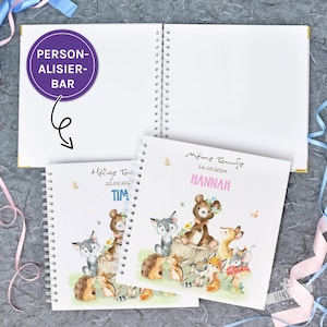 Gästebuch für Taufe oder 1.Geburtstag, personalisierbar rosa oder blau, blanko Album zum Eintragen, Einkleben von Fotos & Karten, Tiere