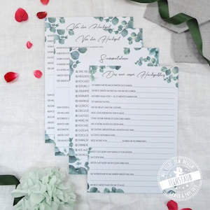 May include: A printable wedding game with a eucalyptus and watercolor design. The game is titled "Das war unser Hochzeitsdag" and includes questions about the wedding day. The game is designed to be played by guests at a wedding reception.