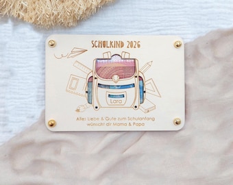 Geldgeschenk Wunscherfüller personalisiert | Schulanfang Holzkuvert für Geldscheine | Holzverpackung mit Namen | Geschenk zum Schulstart
