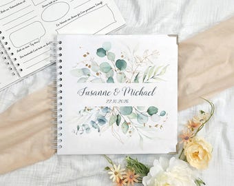 Gästebuch Hochzeit  Eukalyptus mit Fragen | personalisiert mit Namen | Ringbuch Hochzeit 25x25 cm | Hochzeitsgästebuch zum Ausfüllen
