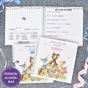 Guest book for baptism or birthday with pre-printed questions to fill out, memory album, animal family, name and date can be personalized
