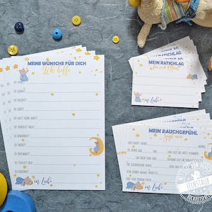 Baby Shower, Babyparty Spielideen Gästebuchkarten Idee Babyalbum, Ratespiel, gute Wünsche und Ratschläge, deutsch, 3er Karten-Set blau Bär