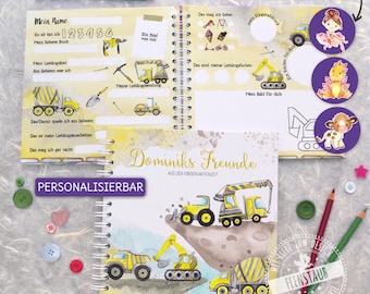 Freundebuch Kindergarten Baustelle, personalisiertes Freundschaftsbuch für die ersten Freunde aus Kindergarten, KITA, Krippe, Freunde Buch