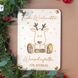 Regalo in denaro per realizzare desideri di Natale, busta di denaro per Natale, confezione di denaro regalo di Natale, cartolina di Natale in legno, renna