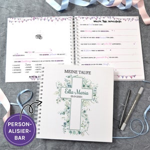 Gästebuch zur Taufe mit vorgedruckten Fragen zum Ausfüllen, Erinnerungsalbum, Kreuz, Namen und Datum personalisierbar, Eukalyptus