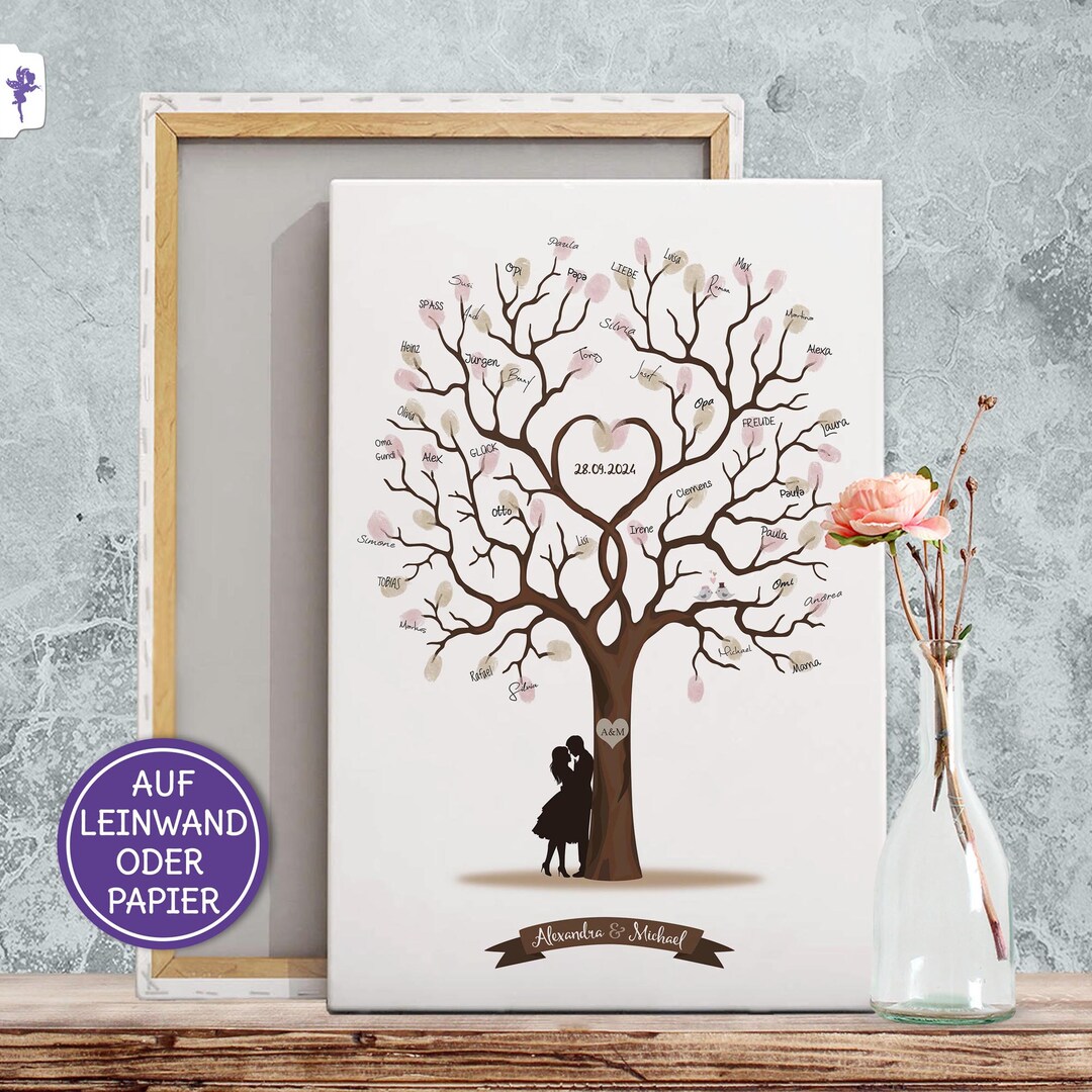 AIZHAZHA Arbre à Empreintes De Mariage Personnalisé - Toile Livre D'Or 30x40 Cm, 6 Couleurs Vibrantes Pour Signatures & Empreintes Doigts Invités