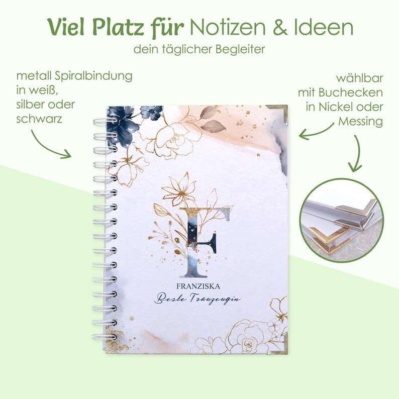 Personalisiertes Notizbuch mit Monogramm, A5 Notizbuch mit Spiralbindung
florales Design optional Buchecken