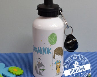 Trinkflasche mit Namen personalisiert, Junge in blau und grün, Sportflasche aus Metall, Geschenk zum Schulanfang Einschulung, Kindergarten