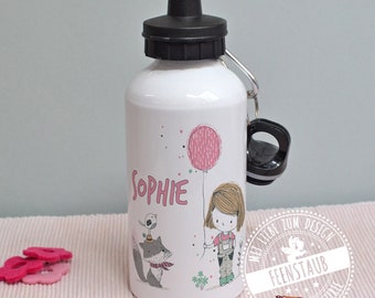 Trinkflasche mit Namen personalisiert, Mädchen rosa oder lila, Sportflasche aus Metall, Geschenk zum Schulanfang Einschulung, Kindergarten