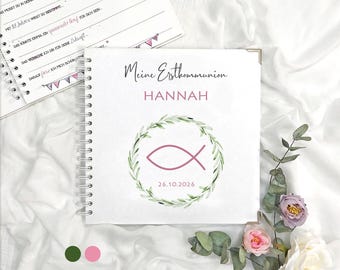Guest book with questions for Confirmation | Personalized memory book | Confirmation, Communion | 25 x 25 cm hardcover | First Communion fish