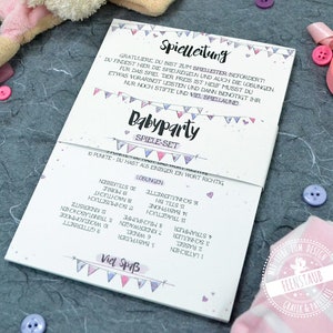 Baby Shower Babyparty Spiele-Set Geschenk Spielideen, Buchstabensalat, Stadt Land Fluss, Quizkarten für Babyshower Party, 30 Karten rosa