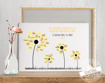 Fingerabdruck Bild mit Blumen zum Geburtstag, Gästebuch-Idee Alternative auf Papier & Leinwand, Print für Fingerabdrücke, personalisierbar