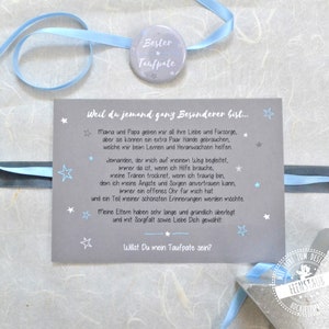 Regalo per il padrino, chiedi al padrino, al padrino, biglietto carino con bottone, vuoi essere un padrino, grigio e blu con stelle, chiedi al padrino