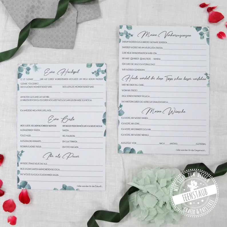 May include: Two printable cards with a eucalyptus theme. The first card has the title "Our Wedding" and asks questions about the wedding day. The second card has the title "My Predictions" and asks questions about the couple's future.