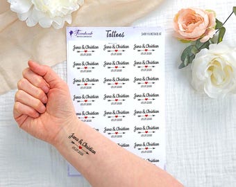 Klebetattoo für Hochzeitsfeier | personalisiert mit Brautpaar Namen und Hochzeitsdatum | temporäre Tattoos | Alternative Hochzeitsanstecker