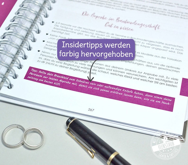 Puede incluir: Una p&aacute;gina de un libro sobre la compra de vestidos de novia. El texto est&aacute; en alem&aacute;n y dice "Insidertipps werden farbig hervorgehoben", que se traduce como "Consejos de expertos se resaltan en color".