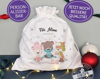 Nikolaussack Weihnachtsbeutel mit Namen personalisiert, süße Geschenkverpackung Weihnachten Tiere im Winter, Nikolausgeschenk, Stoffbeutel