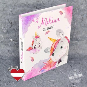 Personalisierte Zeugnismappe mit Namen und Wunschtext, Dokumentenmappe für Zeugnisse, A4 Ringmappe aus Pappe, Geschenk Einschulung, Einhorn