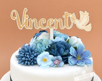 Cake Topper Taufe, Tortendeko aus Holz, Kuchenstecker mit Namen, personalisierte Deko für Torten Kuchen Tauffeier, Tauftorte Deko