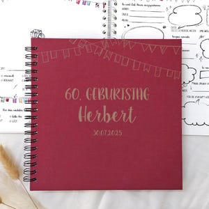 Personalisiertes Gästebuch Geburtstag mit Fragen | Gästealbum zum Ausfüllen | Leinen-Buchdeckel graviert mit Namen & Anlass | Spiralbindung