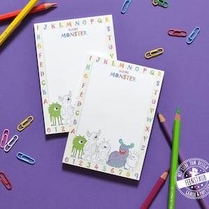 Blocco note per bambini con simpatici mostriciattoli da colorare e tanto spazio per disegnare e scrivere, lettere e numeri, formato A6, 50 fogli