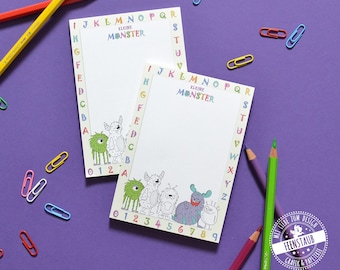 Notizblock für Kinder mit süßen Monstern zum Ausmalen und viel Platz um zu zeichnen und zu schreiben, Buchstaben und Zahlen, A6, 50 Blatt
