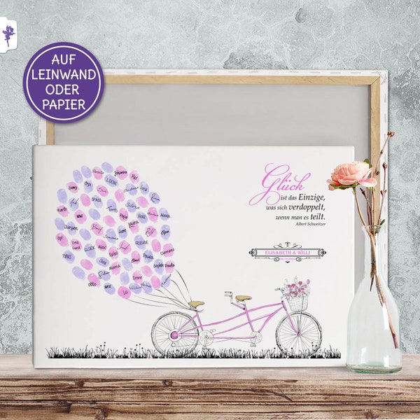 Tandem Fahrrad, Gästebuch Hochzeit, Fingerabdrücke, Weddingtree, Fingerabdruckbild, individuell auf Leinwand und Papier, Geschenk Hochzeit