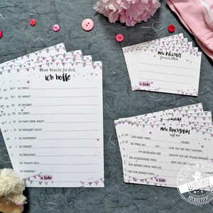 Babyparty Baby Shower Gästebuchkarten und auch Spiel, Quiz Ratespiel, gute Wünsche für das Baby, Ratschläge an Eltern, 3er Karten-Set rosa