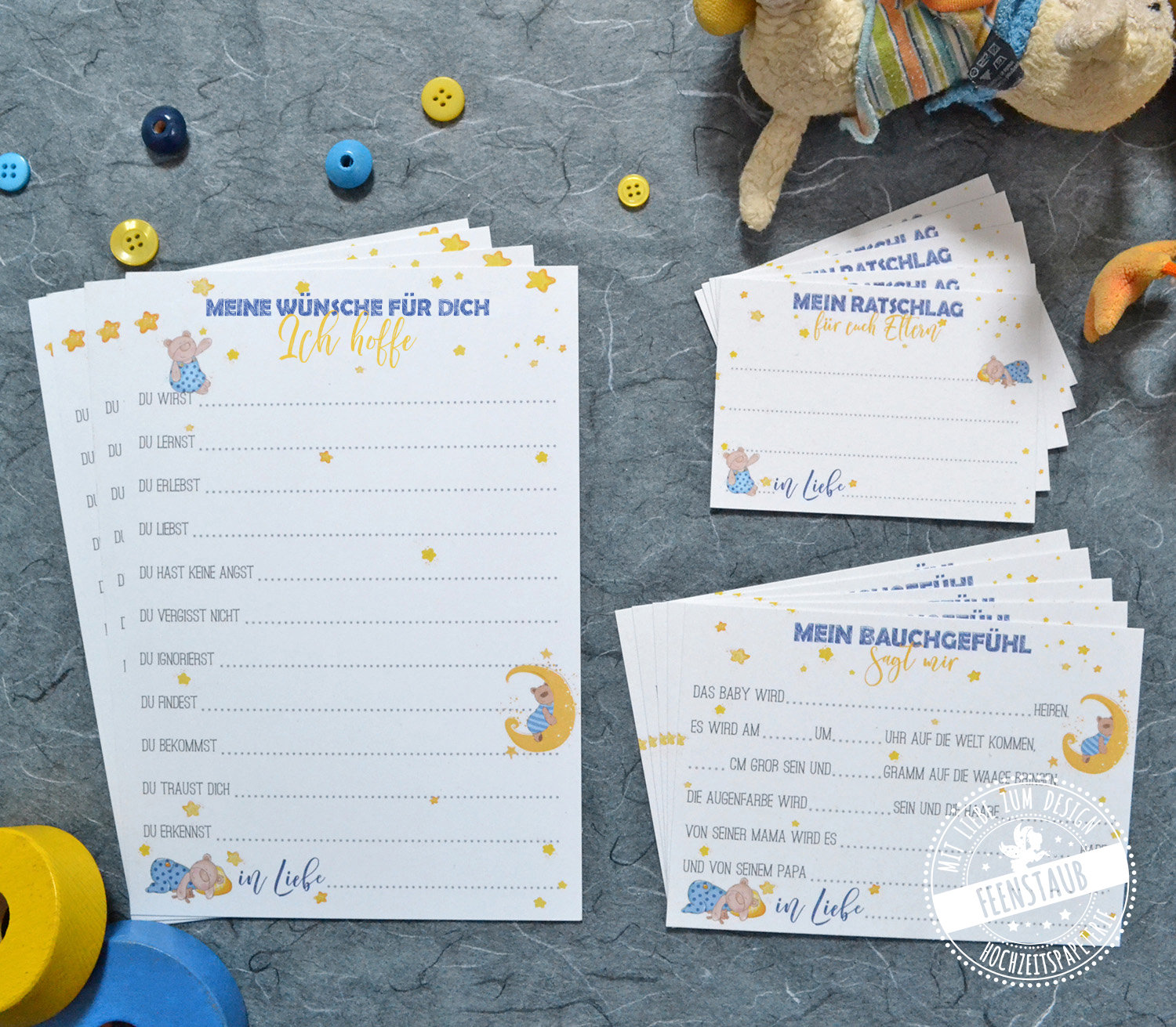 Baby shower, idee per giochi per baby shower, idea per libro degli ospiti, album per bambini, indovinelli, auguri e consigli, ragazzo, tedesco, set di 3 carte orsetto blu