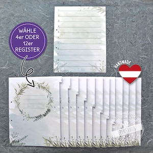 Può includere: Un set di 12 schede indice bianche vuote con un design ad acquerello di foglie verdi e nuvole blu e grigie. Le schede sono numerate da 1 a 12. Il testo "WÄHLE 4er ODER 12er REGISTER" è su un cerchio viola. Il testo "HANDMADE" è su un cuore rosso con una bandiera austriaca bianca.