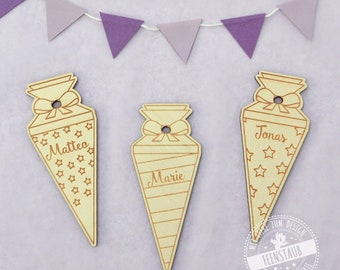 Wooden pendant, personalized wooden pendant with name, set of 3 school cone pendants, school enrollment party decoration, school start name pendant