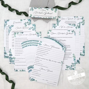 May include: A set of printable wedding game cards with a eucalyptus leaf design. The cards include games like "Guess the Date" and "Our Wedding Wishes".