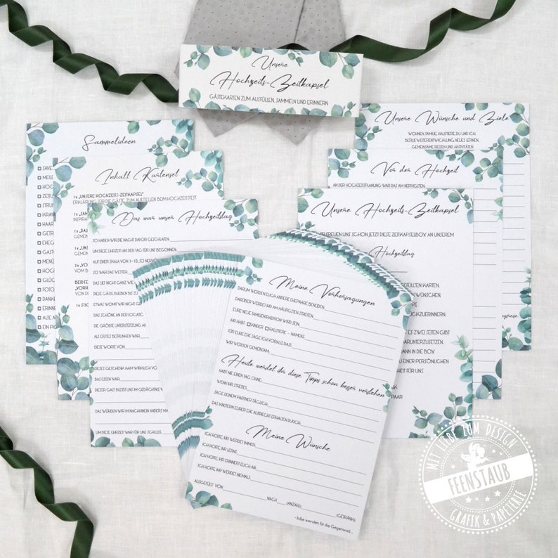 May include: A set of printable wedding game cards with a eucalyptus leaf design. The cards include games like "Guess the Date" and "Our Wedding Wishes".