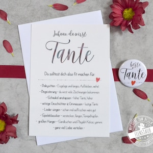 Du wirst Tante, Schwangerschaft verkünden, Babyankündigung mit Karte und Button, beste Tante mit Aufgaben, Geschenk zukünftige Tante