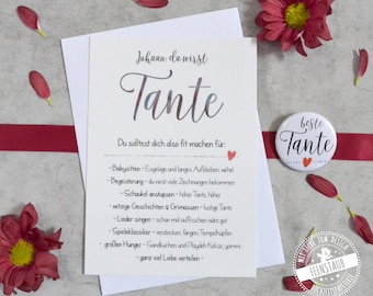 Du wirst Tante, Schwangerschaft verkünden, Babyankündigung mit Karte und Button, beste Tante mit Aufgaben, Geschenk zukünftige Tante