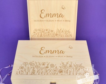 Houten babykistje, bewaardoosje gegraveerd met naam en geboortegegevens, gepersonaliseerde houten geschenkdoos, geboortecadeau, weide
