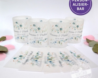 Tischdeko Hochzeit Eukalyptus Windlichthüllen 4er Set, Hochzeitstischdeko, Tischschmuck Hochzeit, personalisierte Windlichter Teelichthüllen