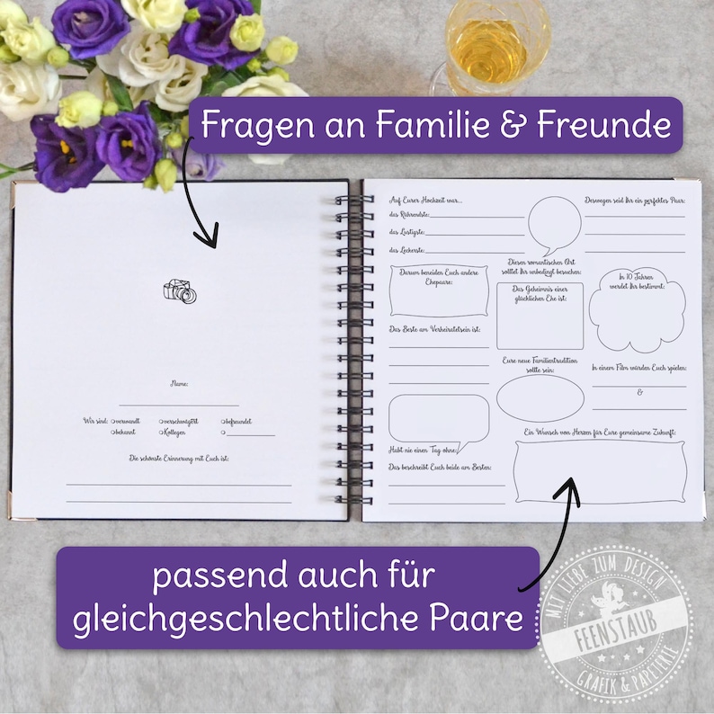 Gästebuch für die Hochzeit, mit vorgedruckten Fragen zum Ausfüllen, personalisierbar, Hochzeitsgästebuch Eukalyptus Hardcover Buchdeckel Bild 7