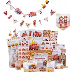 Kindergeburtstag Feuerwehr große Motto-Box | Deko-Set für Feuerwehrparty | Geburtstagsparty Set mit Einladungen | Feuerwehr Geburtstagsdeko