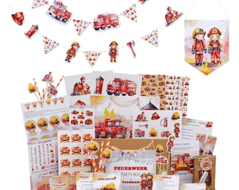 Kindergeburtstag Feuerwehr große Motto-Box | Deko-Set für Feuerwehrparty | Geburtstagsparty Set mit Einladungen | Feuerwehr Geburtstagsdeko