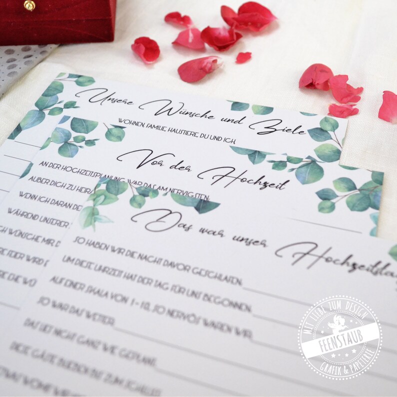 May include: A printable wedding game with a eucalyptus design. The game asks questions about the couple's wishes and goals before and after the wedding. The text on the game reads "Our wishes and goals" and "Before the wedding" and "What was our wedding like?"
